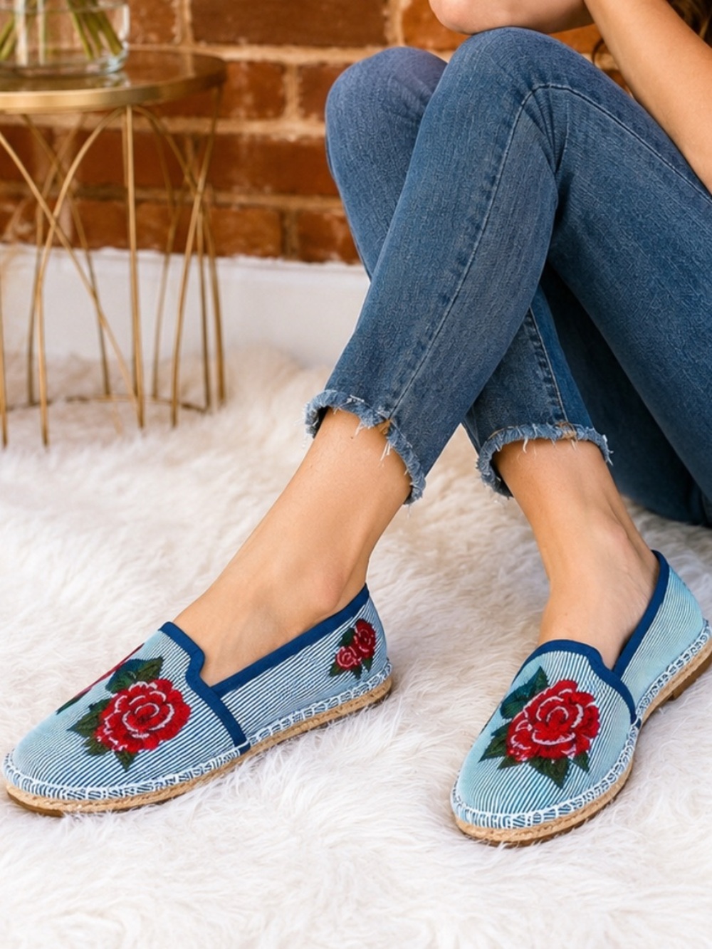 CHARTER CLUB‎ Blue Pin Stripe Rose Embroidered Espadrille Comfort Shoe (8M)